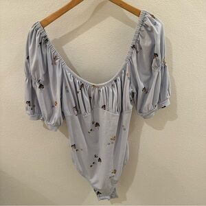 Intimately by Free People Blue Floral Puff Sleeve Bodysuit size Large